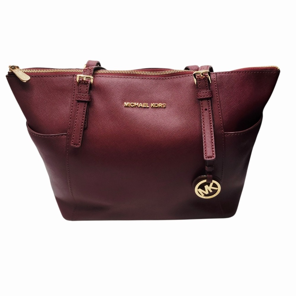 Michael Kors Burgundy Saffiano Leather Tote Shoulder Bag Gold Hardware MK Charm